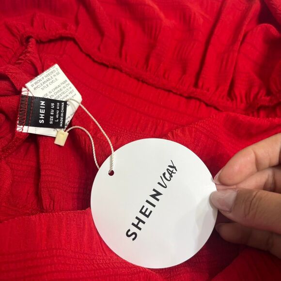 SHEIN VCAY Large Flowy Summer Ruched Mini Beach Sundress Women's Red Dress - Picture 4 of 8